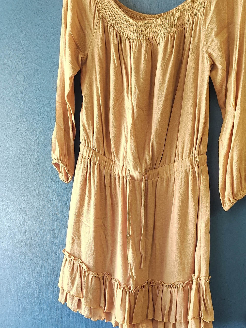 Women's Mustard Yellow Ruffle Hem Mini Dress with Smocked Neck